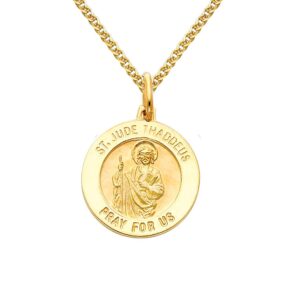 GM Fine Jewelry 14k Yellow Gold Religious Saint Jude Thaddeus Medal Charm Pendant with 1.5mm Flat Open wheat Chain Necklace - 18"