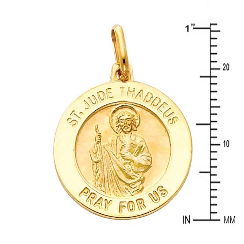 GM Fine Jewelry 14k Yellow Gold Religious Saint Jude Thaddeus Medal Charm Pendant with 1.5mm Flat Open wheat Chain Necklace - 18"