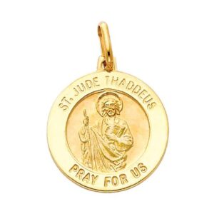 GM Fine Jewelry 14k Yellow Gold Religious Saint Jude Thaddeus Medal Charm Pendant with 1.5mm Flat Open wheat Chain Necklace - 18"