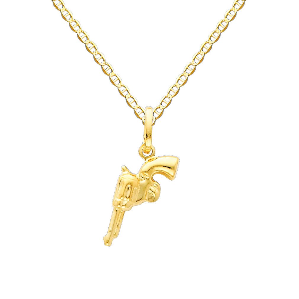 GM Fine Jewelry 14k Yellow Gold Revolver Hand Gun Charm Pendant with 1.5mm Flat Mariner Chain Necklace - 18"