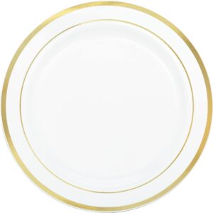 white premium plastic round plates with gold trim - 10.25" (10 pcs) - elegant disposable dinnerware for weddings, parties & events