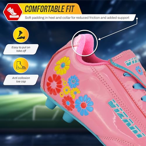 Vizari Blossom FG Soccer Shoe for Toddler/Little Kid | Synthetic Leather, Machine Washable, Unique Graphics, Comfortable Design, Durable Rubber Outsole (Toddler/Little Kid),Pink/Blue