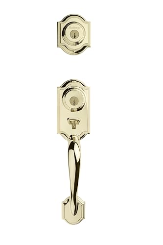 Kwikset Montara Front Door Lock Handle and Deadbolt Set, Entry Handleset Exterior with Interior Door Knob, Polished Brass, Pick Resistant SmartKey Rekey Deadbolt Security