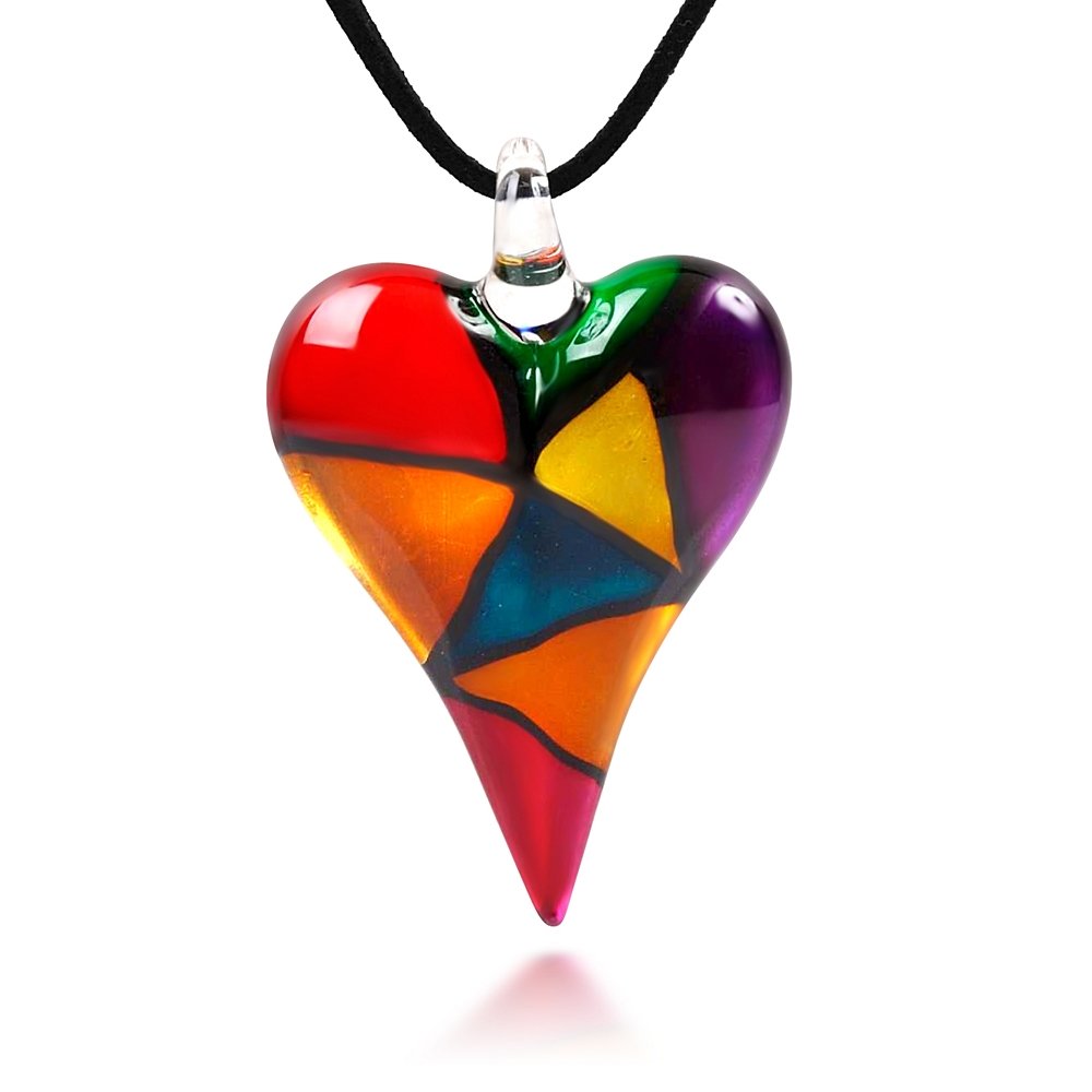 CHUVORA Glass Heart Necklace for Women - Mosaic Glass Heart Pendant Necklace - Large Puffy Chunky Heart Necklace - Purple Green Black Red Heart Necklace