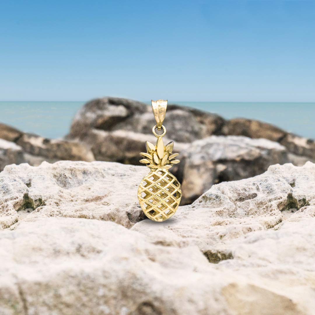 Honolulu Jewelry Company 14K Real Solid Yellow Gold Pineapple Tropical Necklace Pendant