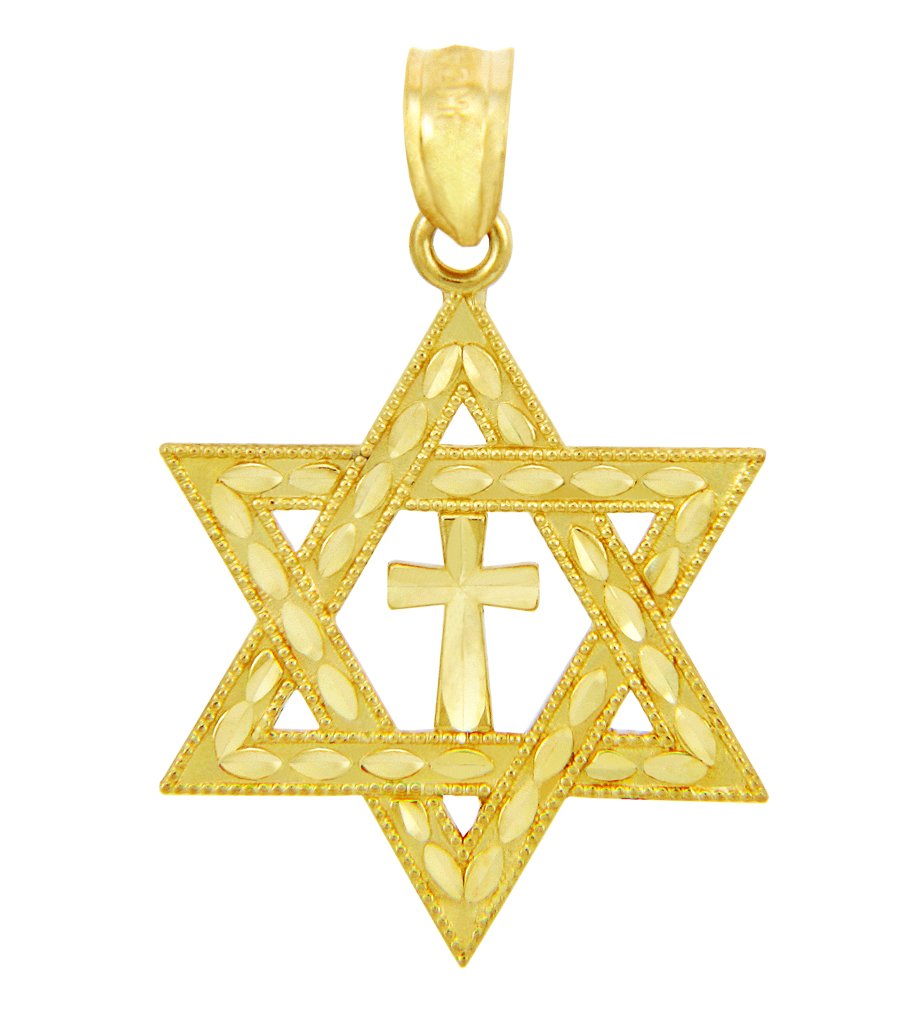 10k Gold Jewish Charm Center Cross Star of David Pendant