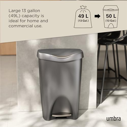 Umbra Brim 13 Gallon Trash Can with Lid - Large Kitchen Garbage Can with Stainless Steel Foot Pedal, Stylish and Durable, Silver/Nickel