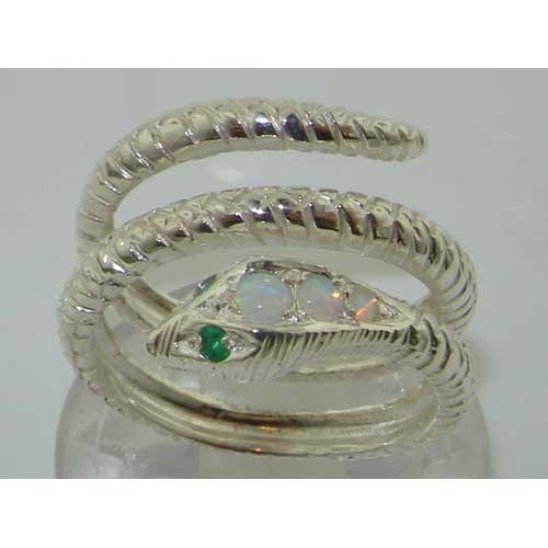 LetsBuyGold 925 Sterling Silver Natural Opal and Emerald Womens Anniversary Ring - Size 8.25