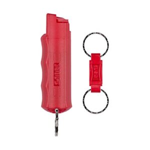 sabre advanced pepper spray keychain with quick release – 3-in-1 pepper spray, cs tear gas & uv dye – maximum strength police oc spray, finger grip for better aim – optional practice spray