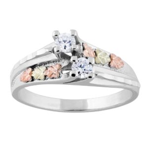 2 Stone CZ Ring, Sterling Silver, 12k Green and Rose Gold Black Hills Gold Motif, Size 7