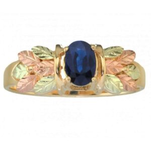 10k Yellow Gold Sapphire .53 with a Bouquet of 12k Green and Rose Black Hills Gold Hand Sculpted Leaves Size 9