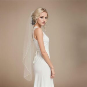 SAMKY 1T 1 Tier Pencil Edge Bridal Wedding Veil - White Elbow Length 30"