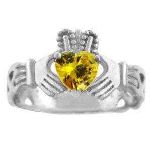 925 Sterling Silver Celtic Knot Band Claddagh Ring with Yellow CZ Heart