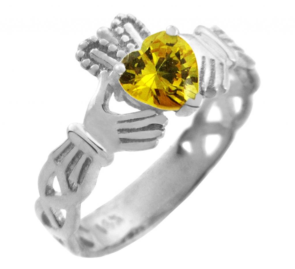 925 Sterling Silver Celtic Knot Band Claddagh Ring with Yellow CZ Heart