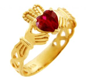 claddagh rings 14k yellow gold celtic knot band with red cz heart (7)