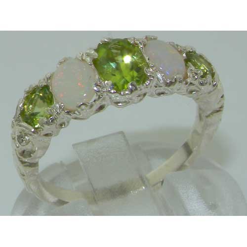 LetsBuyGold 14k White Gold Natural Peridot and Opal Womens Anniversary Ring - Size 4.25