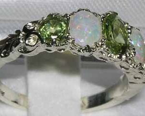 LetsBuyGold 14k White Gold Natural Peridot and Opal Womens Anniversary Ring - Size 4.25