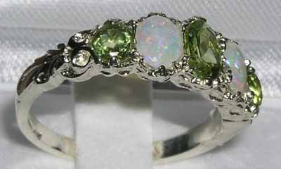 LetsBuyGold 14k White Gold Natural Peridot and Opal Womens Anniversary Ring - Size 4.25