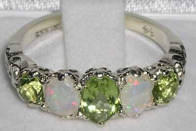 LetsBuyGold 14k White Gold Natural Peridot and Opal Womens Anniversary Ring - Size 4.25