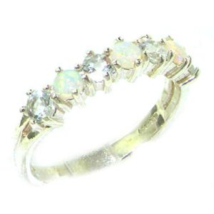 LetsBuyGold 14k White Gold Natural Opal & Aquamarine Womans Eternity Ring - Size 4.25