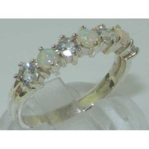 LetsBuyGold 14k White Gold Natural Opal & Aquamarine Womans Eternity Ring - Size 4.25