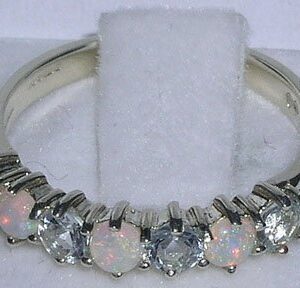 LetsBuyGold 14k White Gold Natural Opal & Aquamarine Womans Eternity Ring - Size 4.25