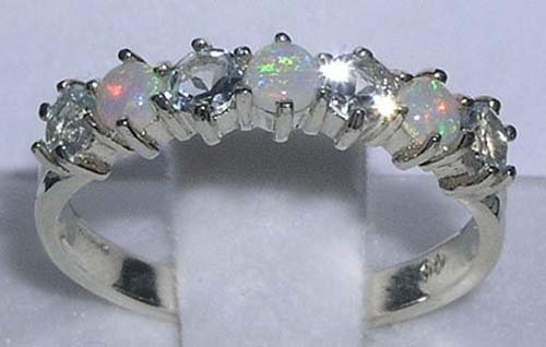 LetsBuyGold 14k White Gold Natural Opal & Aquamarine Womans Eternity Ring - Size 4.25