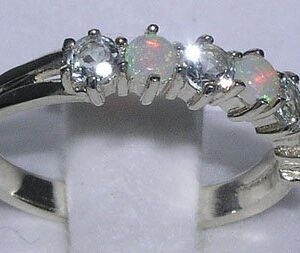 LetsBuyGold 14k White Gold Natural Opal & Aquamarine Womans Eternity Ring - Size 4.25