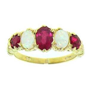 LetsBuyGold 14k Yellow Gold Natural Ruby and Opal Womens Band Ring - Size 4.75