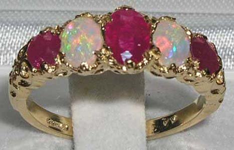 LetsBuyGold 14k Yellow Gold Natural Ruby and Opal Womens Band Ring - Size 4.75