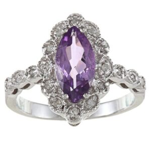 Sterling Silver Vintage Style Marquise Amethyst and Diamond Ring (1/4 TDW)