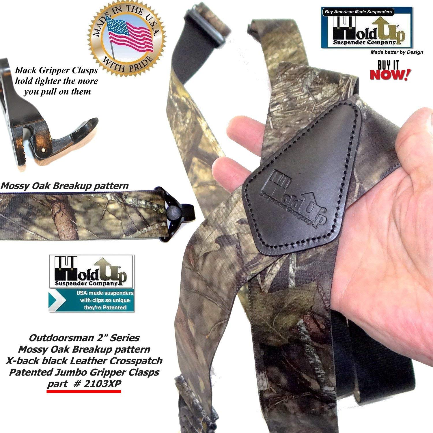 Holdup 2" Wide Outdoorsman Series Break-Up Pattern Suspenders for Men with Composite Plastic USA Patented Gripper Clasp