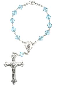 one decade auto rosary made w/aquamarine blue austrian crystals (march) - communion, confirmation, rcia, birthday & more