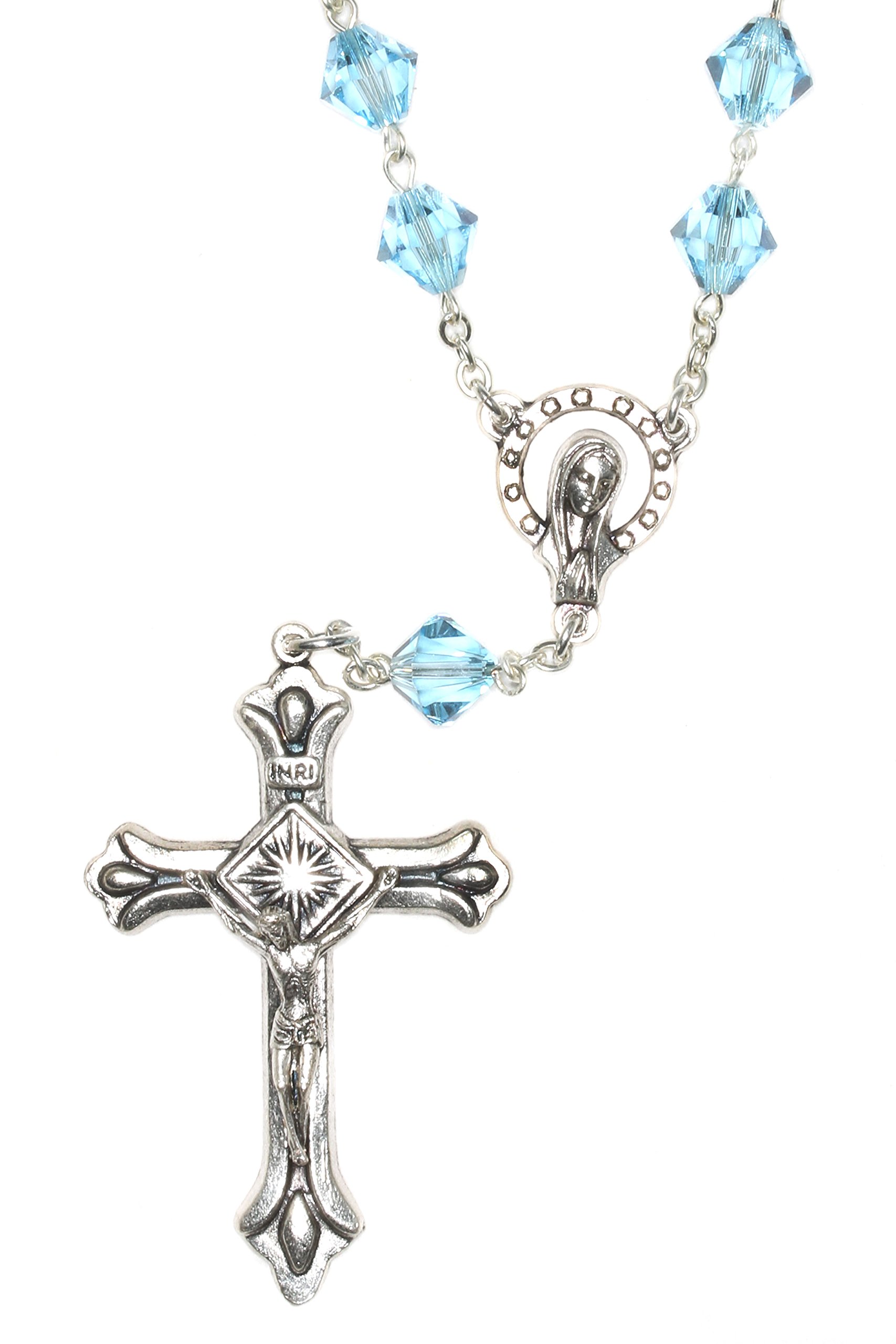 One Decade Auto Rosary made w/Aquamarine Blue Austrian Crystals (March) - Communion, Confirmation, RCIA, Birthday & more