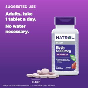 Natrol Beauty Biotin 5000mcg, Dietary Supplement for Healthy Hair, Skin, Nails and Energy Metabolism, 90 Strawberry-Flavored Fast Dissolve Tablets, 90 Day Supply