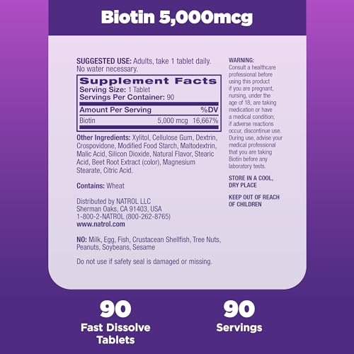 Natrol Beauty Biotin 5000mcg, Dietary Supplement for Healthy Hair, Skin, Nails and Energy Metabolism, 90 Strawberry-Flavored Fast Dissolve Tablets, 90 Day Supply