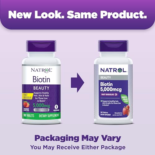 Natrol Beauty Biotin 5000mcg, Dietary Supplement for Healthy Hair, Skin, Nails and Energy Metabolism, 90 Strawberry-Flavored Fast Dissolve Tablets, 90 Day Supply