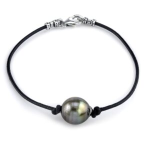 The Pearl Source Sterling Silver 11-12mm Baroque Black Tahitian South Sea Cultured Pearl Leather Bracelet for Women