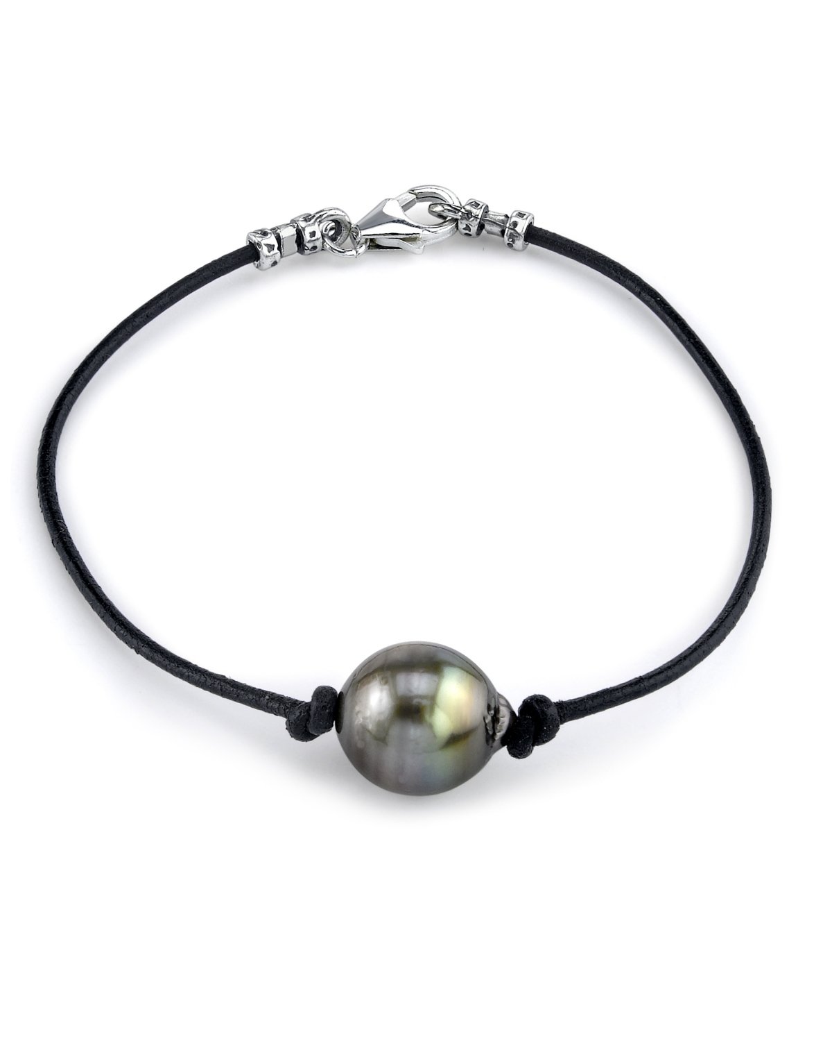 The Pearl Source Sterling Silver 11-12mm Baroque Black Tahitian South Sea Cultured Pearl Leather Bracelet for Women