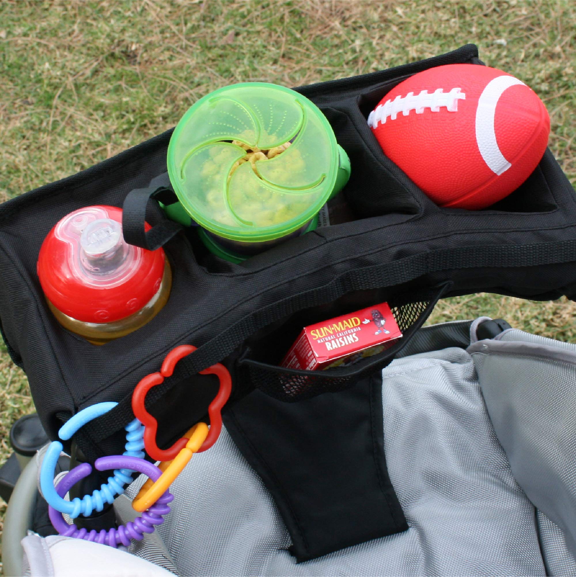 J.L. Childress Food 'N Fun Universal Stroller Snack Tray - Cup Holder, No-Throw Strap, Toy Loops - Removable Stroller Snack Tray - Black