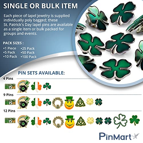 PinMart St. Patrick's Day Lapel Pin – Green Four Leaf Clover Jewelry for Women and Men – Irish Culture Celebration Pin –Gold Plated Enamel Brooch with Clutch Back