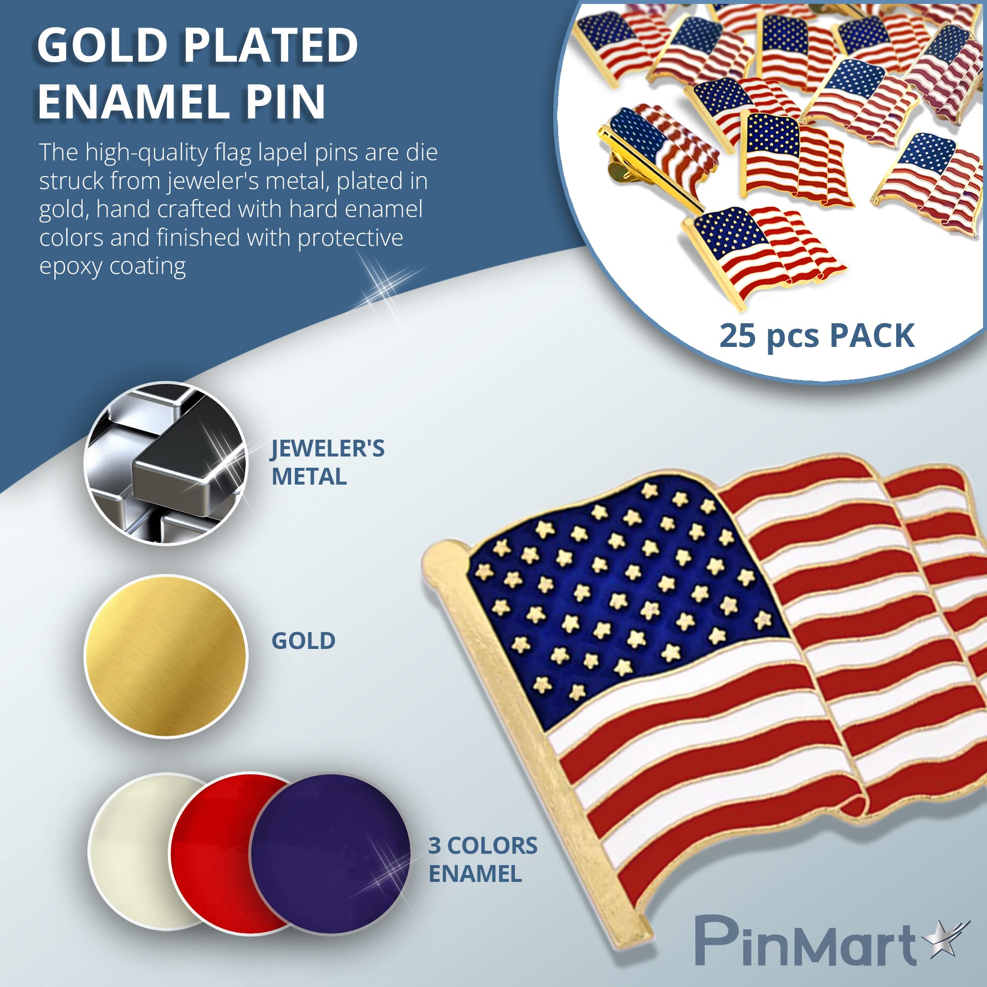 PinMart American Flag Lapel Pin – Made in the USA - Gold Plated Enamel Pin – Patriotic Waving United States Country Pin for Coats, Suit Jackets and Lanyards