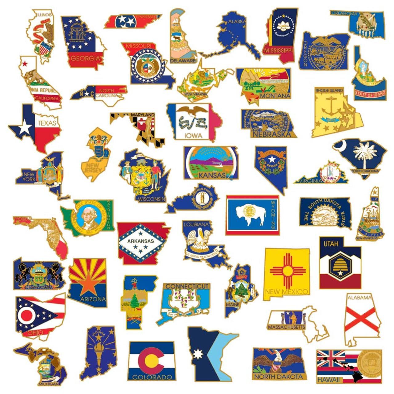 PinMart Set of 50 State Shape Flag Lapel Pins – Complete United States of America Pin Set – Gold Plated Enamel US State Shirt Pins – Great Commemorative/Promotional Gift