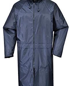 Portwest S438 Men's Waterproof Raincoat - Lightweight Long Rain Jacket with Hood and Pockets Navy, Large