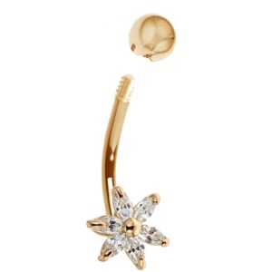 Ritastephens 14k Yellow Gold Belly Button Cubic Zirconia 6 Petals Flower Navel Ring