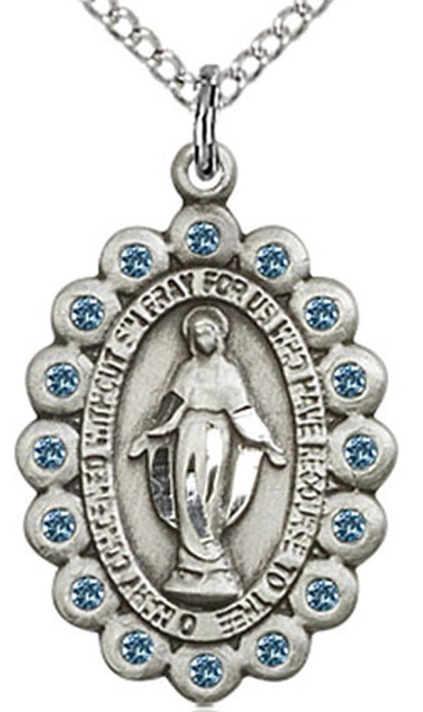 Heartland Store Women's Sterling Silver and Blue Glass Crystals Miraculous Medal with 18" Sterling Silver Chain