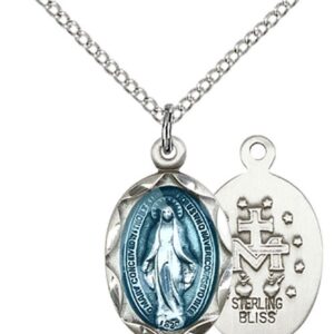 Heartland Store Women's Oval Blue Enamel Miraculous Medal with 18" Sterling Silver Chain