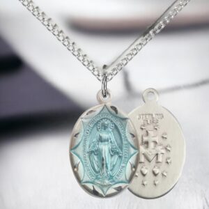 Heartland Store Women's Oval Blue Enamel Miraculous Medal with 18" Sterling Silver Chain