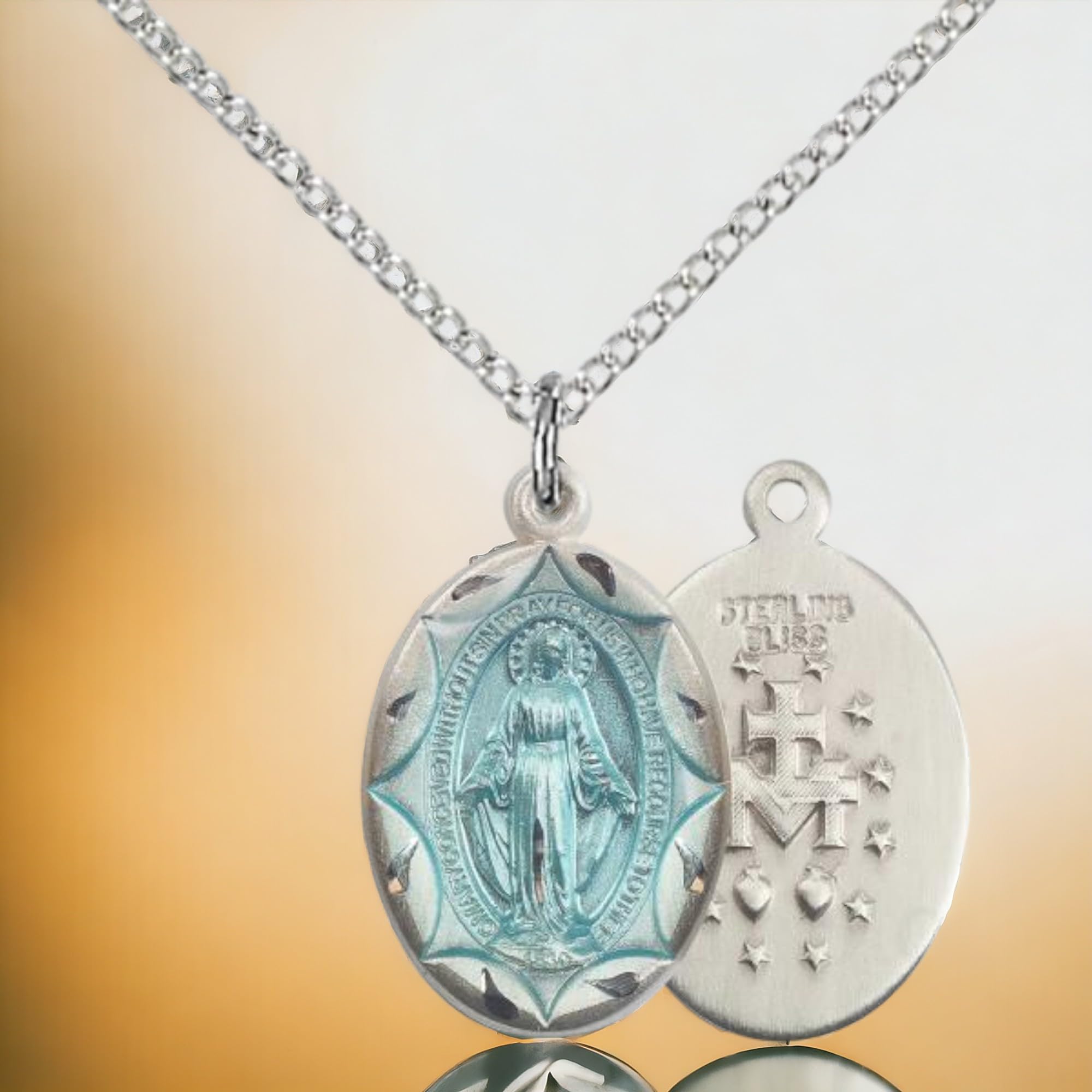 Heartland Store Women's Oval Blue Enamel Miraculous Medal with 18" Sterling Silver Chain