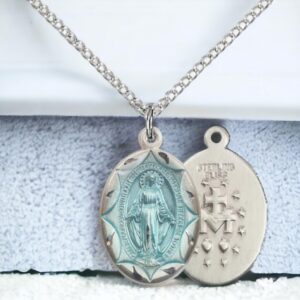 Heartland Store Women's Oval Blue Enamel Miraculous Medal with 18" Sterling Silver Chain